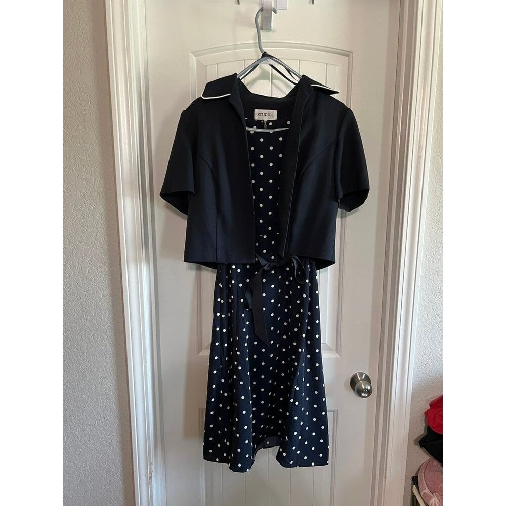 Studio I Navy Polka Dot Dress with Matching Jacket, Size 10